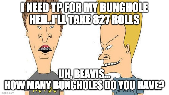 Beavis & Butthead | I NEED TP FOR MY BUNGHOLE
HEH..I'LL TAKE 827 ROLLS; UH, BEAVIS...
HOW MANY BUNGHOLES DO YOU HAVE? | image tagged in beavis  butthead | made w/ Imgflip meme maker