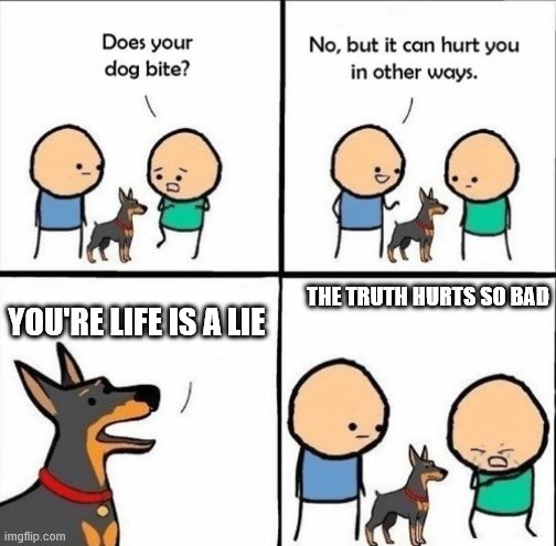 does your dog bite | THE TRUTH HURTS SO BAD; YOU'RE LIFE IS A LIE | image tagged in does your dog bite | made w/ Imgflip meme maker