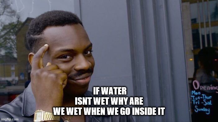 Roll Safe Think About It | IF WATER ISNT WET WHY ARE
WE WET WHEN WE GO INSIDE IT | image tagged in memes,roll safe think about it | made w/ Imgflip meme maker