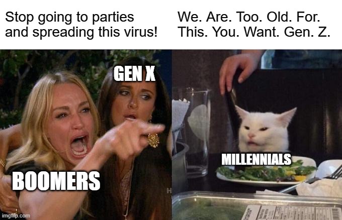 Woman Yelling At Cat Meme | Stop going to parties and spreading this virus! We. Are. Too. Old. For. This. You. Want. Gen. Z. GEN X; MILLENNIALS; BOOMERS | image tagged in memes,woman yelling at cat | made w/ Imgflip meme maker