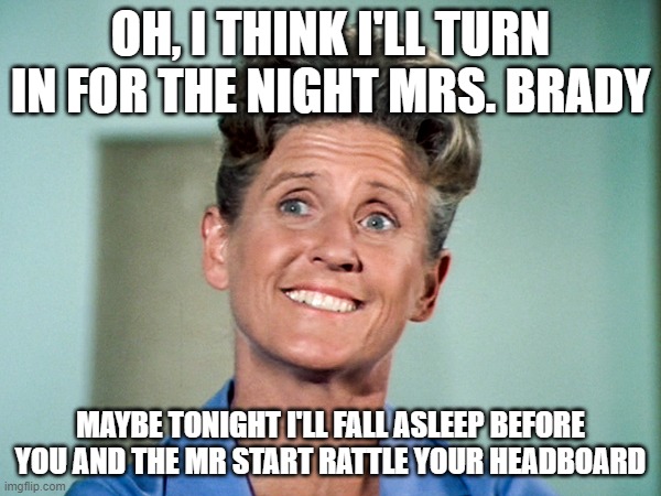 Depressing Alice | OH, I THINK I'LL TURN IN FOR THE NIGHT MRS. BRADY; MAYBE TONIGHT I'LL FALL ASLEEP BEFORE YOU AND THE MR START RATTLE YOUR HEADBOARD | image tagged in depressing alice,depressing,the brady bunch,lonely | made w/ Imgflip meme maker