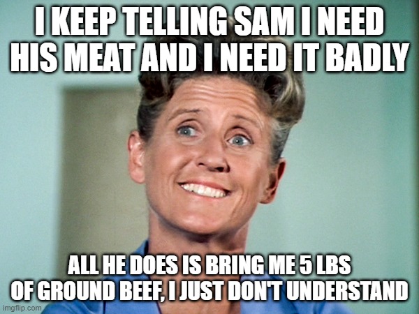 Depressing Alice | I KEEP TELLING SAM I NEED HIS MEAT AND I NEED IT BADLY; ALL HE DOES IS BRING ME 5 LBS OF GROUND BEEF, I JUST DON'T UNDERSTAND | image tagged in depressing alice,lonely,the brady bunch | made w/ Imgflip meme maker