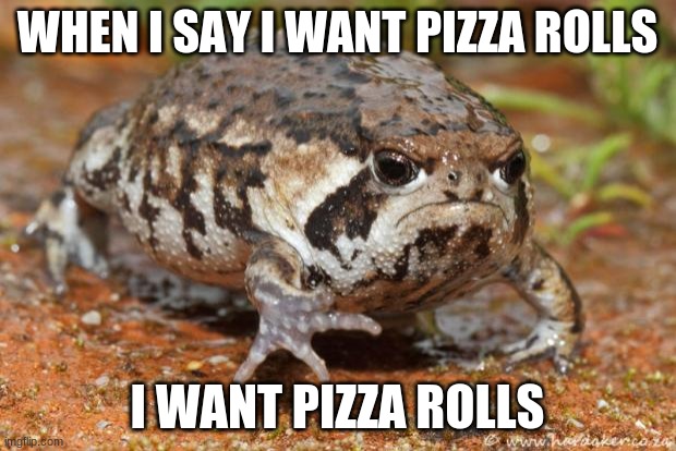 Grumpy Toad | WHEN I SAY I WANT PIZZA ROLLS; I WANT PIZZA ROLLS | image tagged in memes,grumpy toad | made w/ Imgflip meme maker