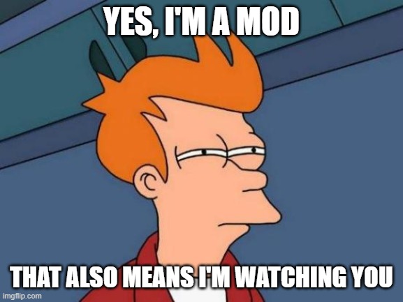 Futurama Fry Meme | YES, I'M A MOD; THAT ALSO MEANS I'M WATCHING YOU | image tagged in memes,futurama fry | made w/ Imgflip meme maker