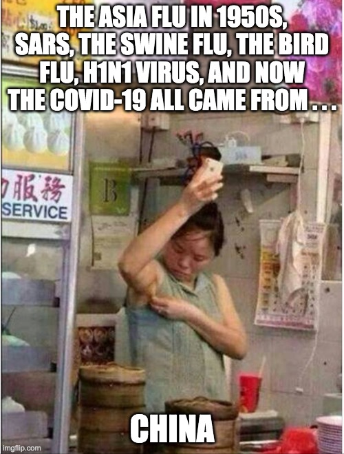 Pointing out where viruses originated is NOT racist, it’s just noticing a country’s unsanitary habits that sicken the world. | THE ASIA FLU IN 1950S, SARS, THE SWINE FLU, THE BIRD FLU, H1N1 VIRUS, AND NOW THE COVID-19 ALL CAME FROM . . . CHINA | image tagged in chinese food,coronavirus,covid,disease,disgusting | made w/ Imgflip meme maker