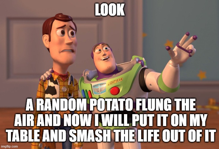 X, X Everywhere Meme | LOOK; A RANDOM POTATO FLUNG THE AIR AND NOW I WILL PUT IT ON MY TABLE AND SMASH THE LIFE OUT OF IT | image tagged in memes,x x everywhere | made w/ Imgflip meme maker