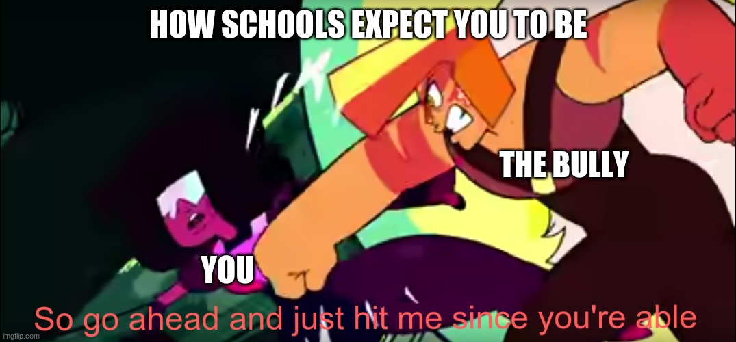 Schools Be Like | HOW SCHOOLS EXPECT YOU TO BE; THE BULLY; YOU | image tagged in school,school meme,bully | made w/ Imgflip meme maker