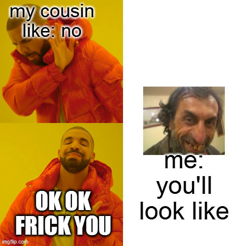 my cousin like: no me: you'll look like OK OK FRICK YOU | image tagged in memes,drake hotline bling | made w/ Imgflip meme maker