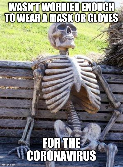 Waiting Skeleton | WASN'T WORRIED ENOUGH TO WEAR A MASK OR GLOVES; FOR THE CORONAVIRUS | image tagged in memes,waiting skeleton | made w/ Imgflip meme maker