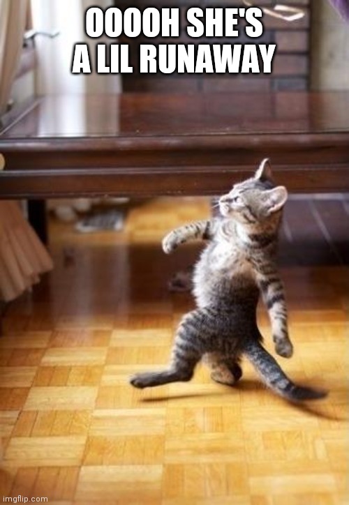 Cool Cat Stroll Meme | OOOOH SHE'S A LIL RUNAWAY | image tagged in memes,cool cat stroll | made w/ Imgflip meme maker