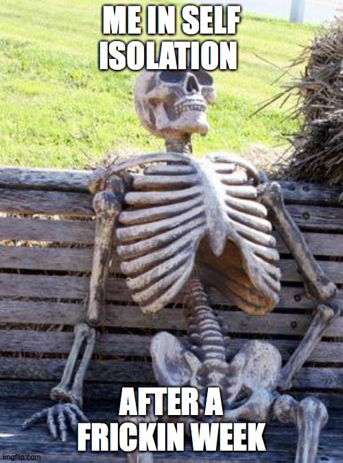 Waiting Skeleton Meme | ME IN SELF ISOLATION; AFTER A FRICKIN WEEK | image tagged in memes,waiting skeleton | made w/ Imgflip meme maker