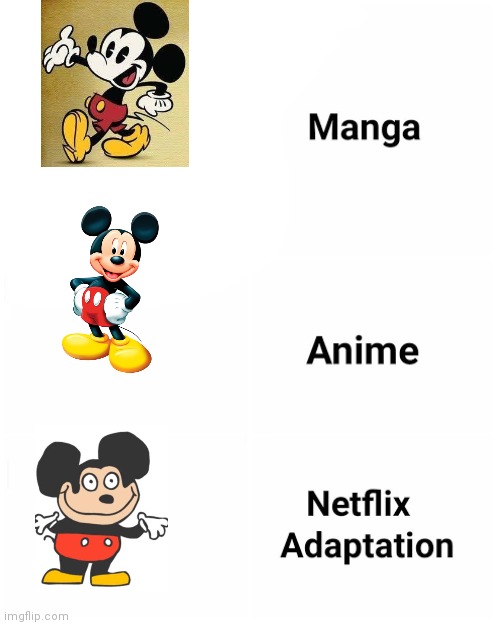 Mickey 2d mickey 3d MOKEY | image tagged in manga anime netflix adaption | made w/ Imgflip meme maker