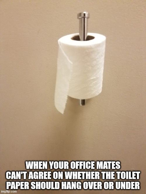 WHEN YOUR OFFICE MATES CAN'T AGREE ON WHETHER THE TOILET PAPER SHOULD HANG OVER OR UNDER | image tagged in toilet paper | made w/ Imgflip meme maker