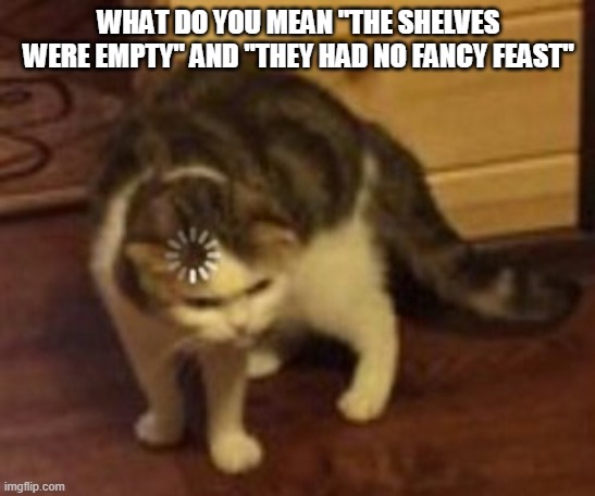 Loading cat | WHAT DO YOU MEAN "THE SHELVES WERE EMPTY" AND "THEY HAD NO FANCY FEAST" | image tagged in loading cat | made w/ Imgflip meme maker