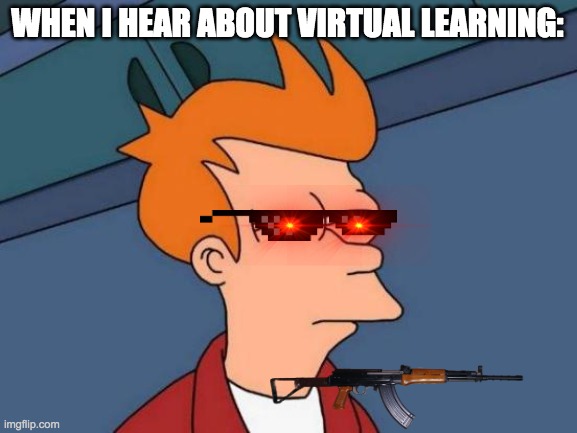 Futurama Fry | WHEN I HEAR ABOUT VIRTUAL LEARNING: | image tagged in memes,futurama fry | made w/ Imgflip meme maker