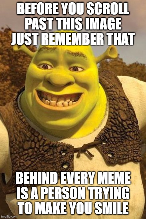 Smiling Shrek | BEFORE YOU SCROLL PAST THIS IMAGE JUST REMEMBER THAT; BEHIND EVERY MEME IS A PERSON TRYING TO MAKE YOU SMILE | image tagged in smiling shrek | made w/ Imgflip meme maker