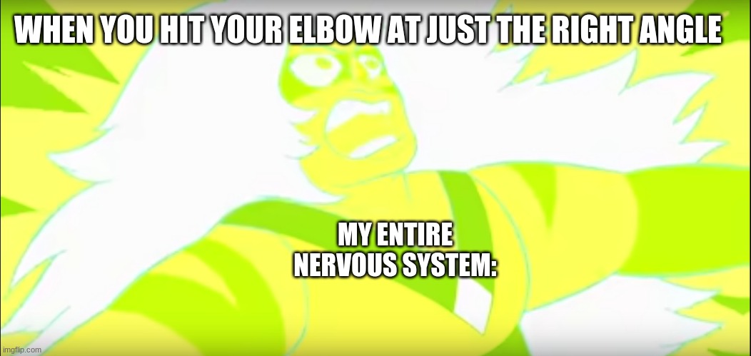 Jasper get zapped | WHEN YOU HIT YOUR ELBOW AT JUST THE RIGHT ANGLE; MY ENTIRE NERVOUS SYSTEM: | image tagged in jasper get zapped | made w/ Imgflip meme maker