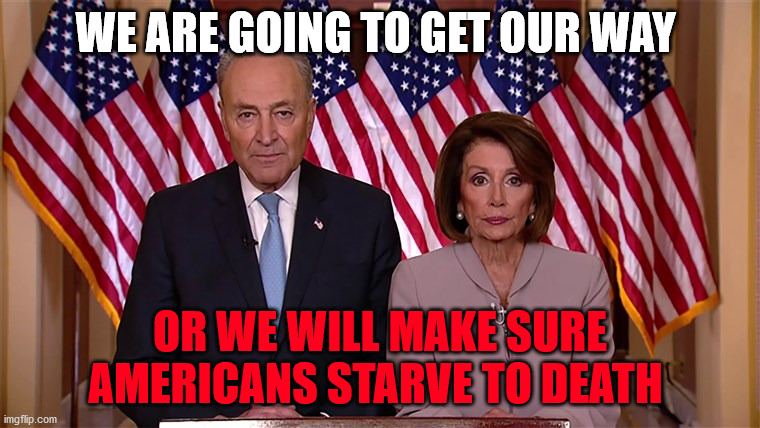 Pelosi and Schumer | WE ARE GOING TO GET OUR WAY; OR WE WILL MAKE SURE AMERICANS STARVE TO DEATH | image tagged in pelosi and schumer | made w/ Imgflip meme maker