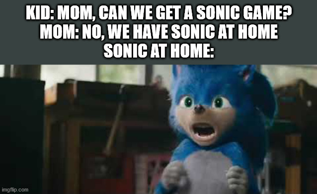 Sonic Screaming | KID: MOM, CAN WE GET A SONIC GAME?
MOM: NO, WE HAVE SONIC AT HOME
SONIC AT HOME: | image tagged in sonic screaming | made w/ Imgflip meme maker