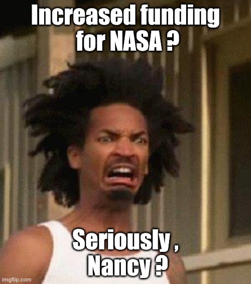 When they destroy the World they'll need a new planet | Increased funding
 for NASA ? Seriously ,
 Nancy ? | image tagged in disgusted face,politicians suck,trump derangement syndrome,weapon of mass destruction,we don't care | made w/ Imgflip meme maker