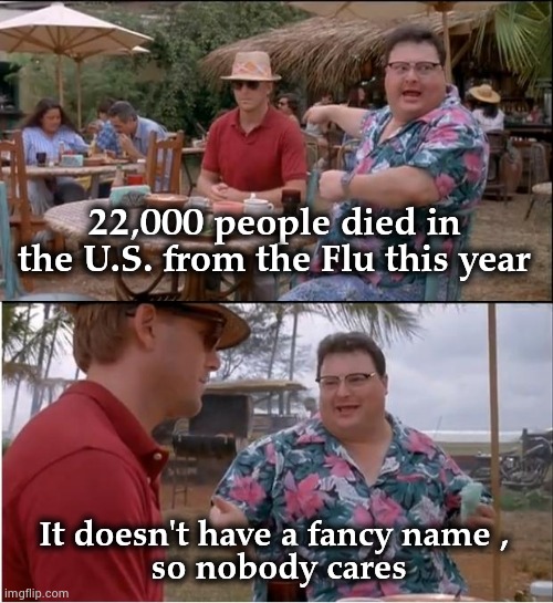 Panic = Ratings | 22,000 people died in the U.S. from the Flu this year; It doesn't have a fancy name ,
 so nobody cares | image tagged in memes,see nobody cares,flu,yearly,media hype | made w/ Imgflip meme maker