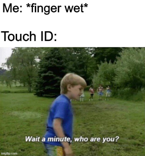 Wait a minute, who are you? | Me: *finger wet*; Touch ID: | image tagged in wait a minute who are you | made w/ Imgflip meme maker