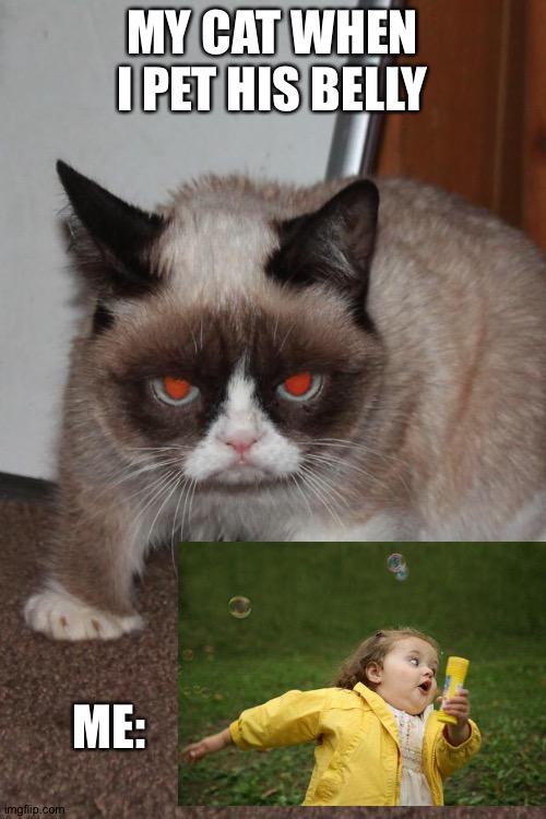 Grumpy Cat red eyes | MY CAT WHEN I PET HIS BELLY; ME: | image tagged in grumpy cat red eyes | made w/ Imgflip meme maker