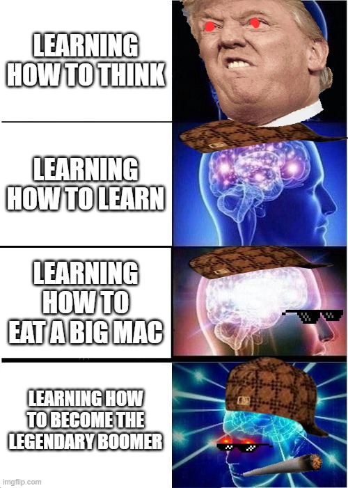 Expanding Brain | LEARNING HOW TO THINK; LEARNING HOW TO LEARN; LEARNING HOW TO EAT A BIG MAC; LEARNING HOW TO BECOME THE LEGENDARY BOOMER | image tagged in memes,expanding brain | made w/ Imgflip meme maker