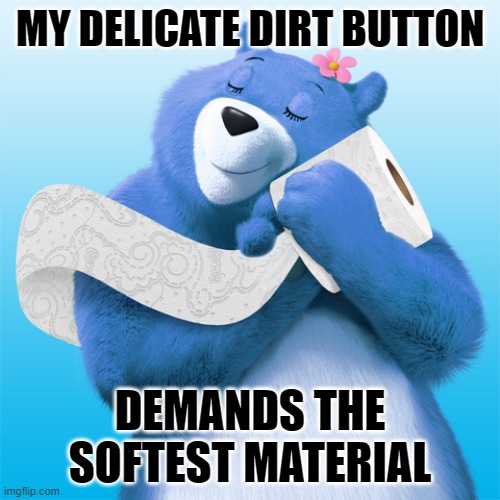 MY DELICATE DIRT BUTTON; DEMANDS THE SOFTEST MATERIAL | image tagged in toilet paper,butthole,charmin | made w/ Imgflip meme maker