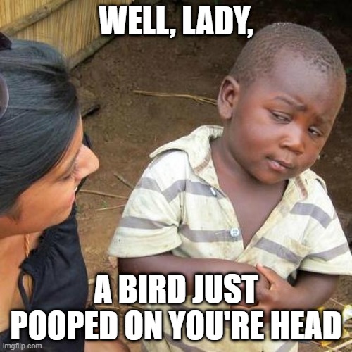 Third World Skeptical Kid Meme | WELL, LADY, A BIRD JUST POOPED ON YOU'RE HEAD | image tagged in memes,third world skeptical kid | made w/ Imgflip meme maker