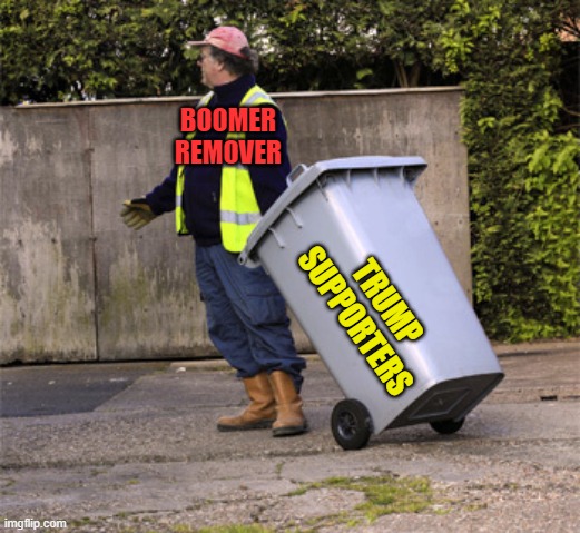 taking out the trash  | BOOMER REMOVER; TRUMP SUPPORTERS | image tagged in taking out the trash,donald trump | made w/ Imgflip meme maker
