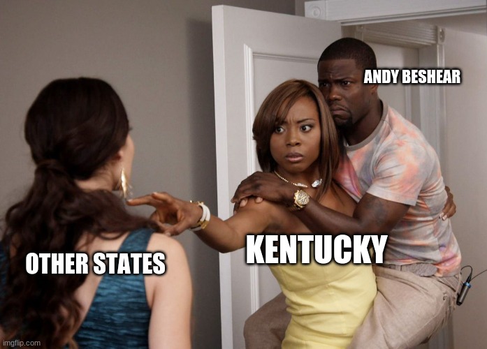 Woman holding man | ANDY BESHEAR; KENTUCKY; OTHER STATES | image tagged in woman holding man | made w/ Imgflip meme maker