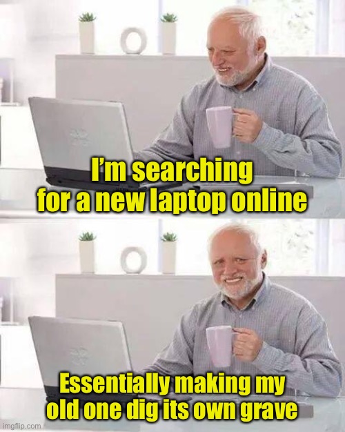 The Dell screen of death | I’m searching for a new laptop online; Essentially making my old one dig its own grave | image tagged in memes,hide the pain harold,laptop | made w/ Imgflip meme maker