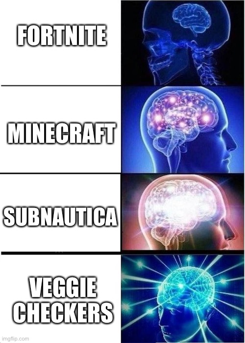 levels of intelligence | FORTNITE; MINECRAFT; SUBNAUTICA; VEGGIE CHECKERS | image tagged in levels of intelligence | made w/ Imgflip meme maker