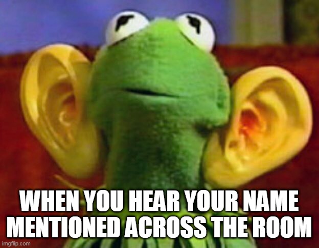 Kermit Ears | WHEN YOU HEAR YOUR NAME MENTIONED ACROSS THE ROOM | image tagged in kermit,kermit the frog,name | made w/ Imgflip meme maker