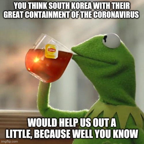 But That's None Of My Business | YOU THINK SOUTH KOREA WITH THEIR GREAT CONTAINMENT OF THE CORONAVIRUS; WOULD HELP US OUT A LITTLE, BECAUSE WELL YOU KNOW | image tagged in memes,but thats none of my business,kermit the frog | made w/ Imgflip meme maker