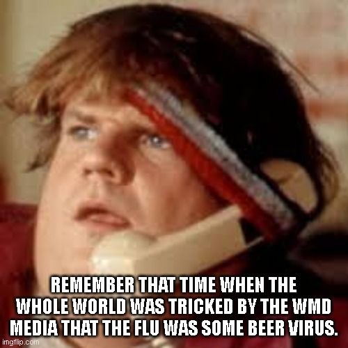 chris farley phone | REMEMBER THAT TIME WHEN THE WHOLE WORLD WAS TRICKED BY THE WMD MEDIA THAT THE FLU WAS SOME BEER VIRUS. | image tagged in chris farley phone | made w/ Imgflip meme maker