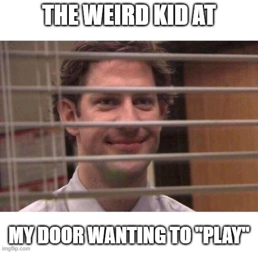 Jim Office Blinds | THE WEIRD KID AT; MY DOOR WANTING TO "PLAY" | image tagged in jim office blinds | made w/ Imgflip meme maker