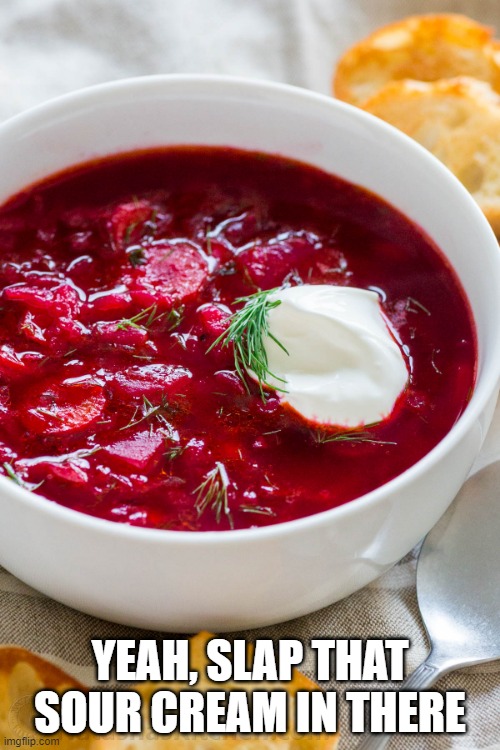 Borscht | YEAH, SLAP THAT SOUR CREAM IN THERE | image tagged in food | made w/ Imgflip meme maker