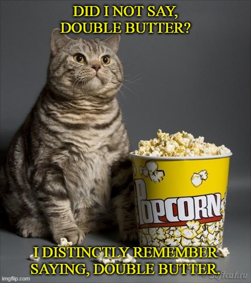Double butter | DID I NOT SAY, DOUBLE BUTTER? I DISTINCTLY REMEMBER SAYING, DOUBLE BUTTER. | image tagged in cat eating popcorn,chubby,fat cat,funny,popcorn,cats | made w/ Imgflip meme maker