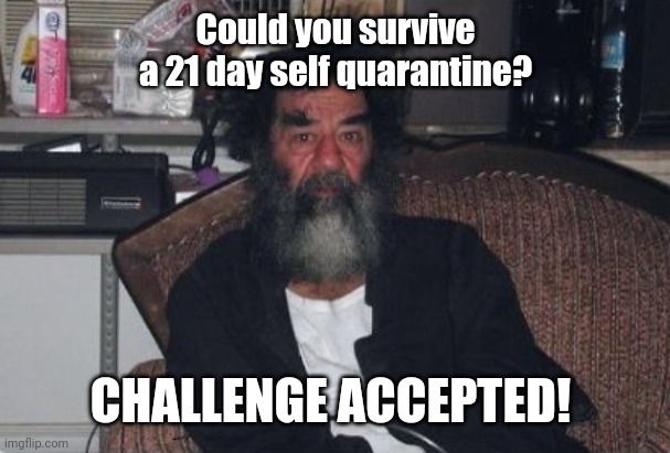 Could you survive a 21 day self quarantine? CHALLENGE ACCEPTED! | image tagged in coronavirus,covid-19,covid19,corona,corona virus,covid 19 | made w/ Imgflip meme maker