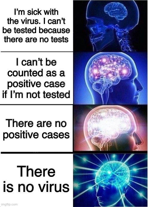 This is logic! | I’m sick with the virus. I can’t be tested because there are no tests; I can’t be counted as a positive case if I’m not tested; There are no positive cases; There is no virus | image tagged in memes,expanding brain,covid-19 | made w/ Imgflip meme maker