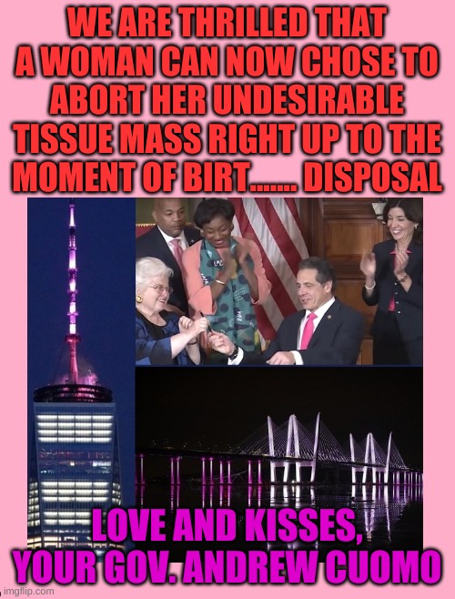 NY Gov Cuomo Celebrates Babies | WE ARE THRILLED THAT A WOMAN CAN NOW CHOSE TO ABORT HER UNDESIRABLE TISSUE MASS RIGHT UP TO THE MOMENT OF BIRT....... DISPOSAL LOVE AND KISS | image tagged in ny gov cuomo celebrates babies | made w/ Imgflip meme maker