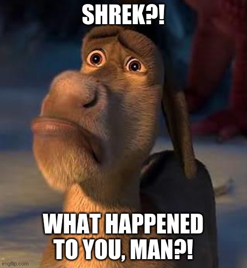 sad donkey | SHREK?! WHAT HAPPENED TO YOU, MAN?! | image tagged in sad donkey | made w/ Imgflip meme maker