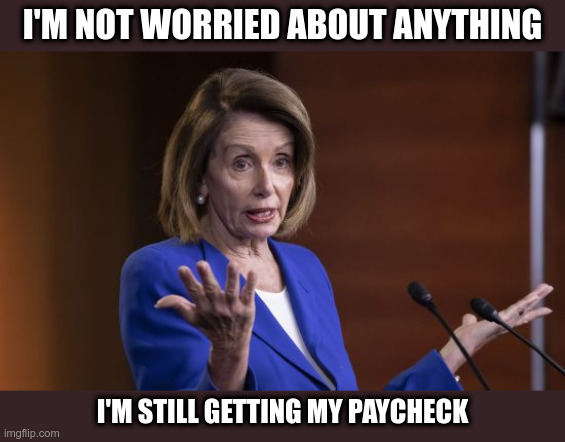 Nancy Pelosi | I'M NOT WORRIED ABOUT ANYTHING; I'M STILL GETTING MY PAYCHECK | image tagged in nancy pelosi,coronavirus,no work,political meme | made w/ Imgflip meme maker