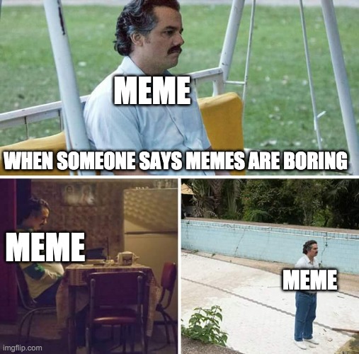 Sad Pablo Escobar | MEME; WHEN SOMEONE SAYS MEMES ARE BORING; MEME; MEME | image tagged in memes,sad pablo escobar | made w/ Imgflip meme maker