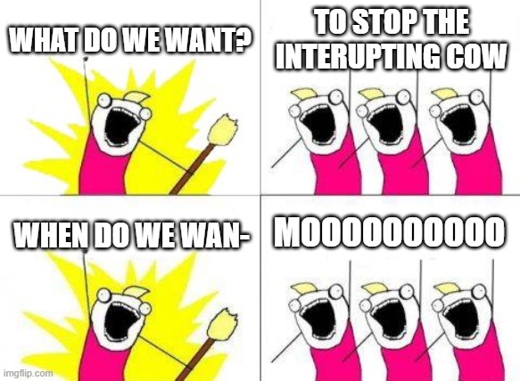 What Do We Want | WHAT DO WE WANT? TO STOP THE INTERUPTING COW; MOOOOOOOOOO; WHEN DO WE WAN- | image tagged in memes,what do we want | made w/ Imgflip meme maker
