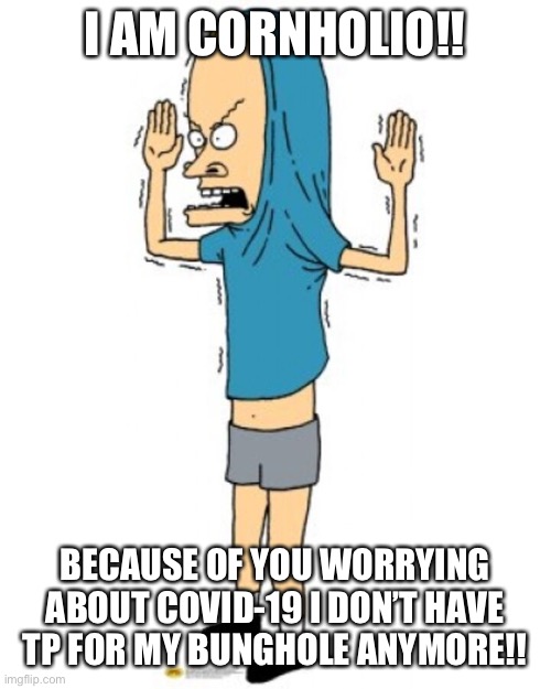 Angry cornholio | I AM CORNHOLIO!! BECAUSE OF YOU WORRYING ABOUT COVID-19 I DON’T HAVE TP FOR MY BUNGHOLE ANYMORE!! | image tagged in angry cornholio | made w/ Imgflip meme maker