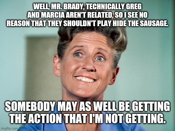 Depressing Alice | WELL, MR. BRADY, TECHNICALLY GREG AND MARCIA AREN'T RELATED, SO I SEE NO REASON THAT THEY SHOULDN'T PLAY HIDE THE SAUSAGE. SOMEBODY MAY AS WELL BE GETTING THE ACTION THAT I'M NOT GETTING. | image tagged in depressing alice,the brady bunch,lonely | made w/ Imgflip meme maker