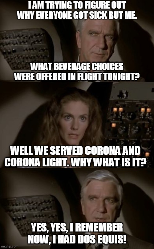 Airplane What Is It? | I AM TRYING TO FIGURE OUT WHY EVERYONE GOT SICK BUT ME. WHAT BEVERAGE CHOICES WERE OFFERED IN FLIGHT TONIGHT? WELL WE SERVED CORONA AND CORONA LIGHT. WHY WHAT IS IT? YES, YES, I REMEMBER NOW, I HAD DOS EQUIS! | image tagged in airplane what is it | made w/ Imgflip meme maker